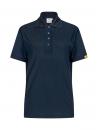 Preview: Das Bild zeigt ein dunkelblaues Poloshirt mit kurzen Ärmeln. Es hat einen edlen Kragen und drei Knöpfe auf der Vorderseite. An einem Ärmel befindet sich ein gelbes Logo.