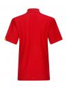 Preview: The image displays a red polo shirt from the back view. It features a short collar and short sleeves. There is a small, colored logo on one sleeve. The surface is textured.