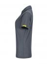 Preview: The image shows a gray polo shirt from the side. It has a collar, short sleeves, and a small yellow label on the left sleeve hem. The fabric has a fine texture.