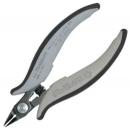 Preview: The image shows a small pair of scissors with gray, ergonomic handles and a sharp, pointed blade. The mechanism for opening and closing is visible.