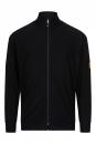 Preview: Das Bild zeigt eine schwarze Sweatjacke mit Reißverschluss und Stehkragen. Die Jacke hat lange Ärmel und ist schlicht, ohne auffällige Muster. Ein kleines Logo ist an einem Ärmel angebracht.