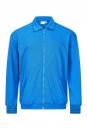 Preview: The image shows a blue jacket with a zipper. It has a classic collar and fine horizontal stripes. The sleeves are long and end with a narrow cuff.