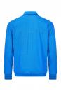 Preview: The image shows the back view of a blue jacket. It has a high collar, long sleeves, and is adorned with fine, horizontal stripes. The fabric appears smooth and lightweight.