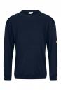 Preview: Das Bild zeigt einen dunkelblauen Pullover mit langen Ärmeln. Er hat einen runden Ausschnitt und eine lockere Passform. Auf einem Ärmel befindet sich ein gelbes Logo.