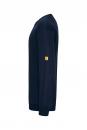 Preview: The image shows a long, dark blue sweater. It has a simple cut and a small yellow patch on the sleeve. The texture appears smooth and the sleeves are tight-fitting.
