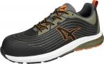Preview: The shoe is a sporty sneaker with a black and olive green color scheme. It has a modern shape, thick white sole, and orange accents that make it look dynamic.