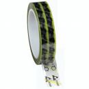 Preview: The image shows a roll of crepe-like adhesive tape, transparent with yellow and black stripes. On the edge, symbols and the inscription 