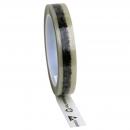 Preview: The image shows a roll of tape. It is transparent with a gold and black stripe on it. One end of the tape is hanging down slightly, displaying a label.