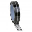 Preview: The image shows a roll of tape. The roll has a smooth surface and is patterned in black and gray. One end of the tape hangs over the roll and displays a label.