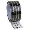 Preview: In the picture, there is a roll of tape visible. The tape has a translucent design with black and gray stripes. It is slightly hanging over the edge of the roll.