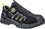 Preview: The shoe is black with yellow accents. It has a sturdy rubber sole and a firm edge. A special closure mechanism ensures a good fit. Ideal for outdoor activities.