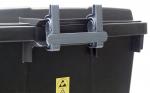 Preview: The image shows a black trash can with a movable lid. The lid is secured by two gray clips attached to the sides. A warning symbol is visible.