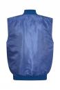 Preview: The image shows the rear view of a sleeveless, blue jacket. The jacket has an elastic collar and a smooth, shiny surface. The lower hem is also elastic.