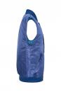 Preview: The image shows a sleeveless, shiny blue vest. It features a full front, a round neckline, and two side pockets. The back is in a lighter shade of blue.