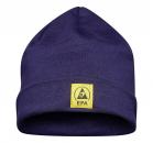 Preview: The image shows a dark blue knitted hat with a folded brim. On the front, there is a yellow label with the inscription 