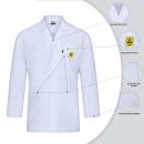 Preview: The image shows a white lab coat with long sleeves. It features a small collar, a chest pocket with a yellow ESD protection symbol, and three functional pockets.