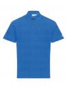 Preview: The image shows a short, blue polo shirt. It has a classic collar, three buttons, and a simple, straight shape. There is a small logo on one sleeve.