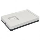 Preview: The image displays a rectangular, flat plastic tray. It features a smooth, white surface with a small indentation and an extended area on the right side. The bottom is dark.