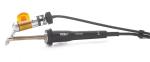 Preview: The image shows a soldering iron tool in black with a long, slender metal tip and a yellow regulator on the handle. It has a power cord that leads to the power source.