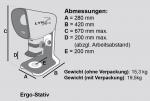 Preview: Das Bild zeigt technische Maße eines Ergo-Stativs mit spezifischen Abmessungen (A bis E) und Gewichtsangaben. Es ist schematisch und enthält klare Beschriftungen für jede Maßnahme.