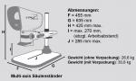 Preview: Das Bild zeigt einen technischen Entwurf eines Multi-Axis-Säulenständers. Es sind Maße und Gewichte angegeben, ohne Farben oder spezifische Details. Klare Linien und Symbolik sind verwendet.