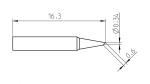 Preview: Das Bild zeigt eine technische Zeichnung eines Objekts mit einem länglichen, nach vorne zulaufenden Ende. Es sind Maße von 16,3 mm, 0,34 mm und 0,6 mm angegeben. Die Form ist präzise und wird von Linien definiert.