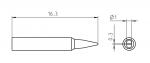 Preview: Das Bild zeigt eine technische Zeichnung eines Teils. Es hat eine längliche Form mit einer spitzen Spitze. An einer Stelle sind Durchmesser und Maße angegeben: 16.3 mm, Ø1 mm und 0.3 mm.
