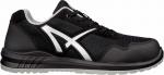 Preview: The shoe is a black athletic shoe with a textured upper. It has a gray sole and a white, curved line on the side, which looks sporty.