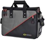 Preview: The bag is rectangular with a gray and black design. It features a wide carrying handle, several zippers, and a red diagonal stripe. A side pocket is also present.