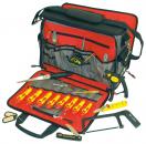 Preview: The image displays a tool bag with red lining. Inside, there are several yellow screwdrivers, a saw, pliers, and various accessories. The bag is open and neatly organized.