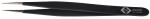 Preview: The image shows a narrow, black tweezer. It has sharp, metallic tips suitable for picking up small objects. A small embossing is visible on the handle.