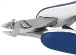 Preview: Das Bild zeigt eine Nagelzange mit glänzenden, scharfen Klingen und ergonomischen, blauen Griffen. Die Zange ist geöffnet und die Klingen sind in einer leicht gewölbten Form.