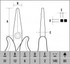 Preview: Das Bild zeigt technische Zeichnungen von einer Schere. Es sind Maßangaben für verschiedene Teile angegeben: Länge (A), Breite (B), Dicke (C), sowie weitere Maße (D und E) und das Gewicht (g).