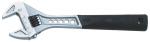 Preview: The image shows an adjustable metal wrench. It has a smooth, shiny surface and a black, non-slip grip. The head has an open and a closed side.