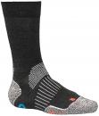 Preview: In the picture is a black sock with various textures and patterns. The sock features colored accents in blue and orange and is cut to mid-calf length.