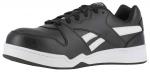 Preview: The shoe is a sporty-chic, black leather sneaker with white side stripes. It has flat laces and a wide, white sole. Ideal for athletic activities.