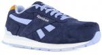 Preview: Der Schuh ist ein niedrig geschnittener Sneaker in Dunkelblau aus Wildleder. Er hat helle, lilafarbene Akzente und eine weiße Gummisohle. Das Logo ?Reebok? ist auf dem Schuh sichtbar.