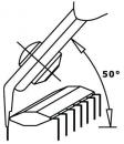 Preview: The image shows a pair of pliers positioned at an angle over an object. The angle is 50 degrees. There is a dashed line that marks the distance and the measurement.