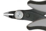 Preview: The image shows a pair of pliers with gray rubber grips. The tips are narrow and feature a small, straight cutting edge. In the center, a round screw is visible.