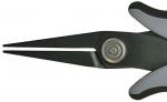 Preview: The image shows a pair of pliers with narrow, pointed grippers. The pliers have a black and gray handle, and there is a screw in the middle. They appear sturdy and precise.