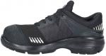Preview: Der Schuh ist ein schwarzer Sport- oder Sicherheitsschuh. Er hat eine rutschfeste Sohle, gepolsterte Zunge und einen verstärkten Vorderteil. Die Seiten sind mit kleinen, reflektierenden Punkten verziert.