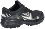 Preview: Der Schuh ist schwarz mit einem strukturierten Obermaterial. An der Seite sind horizontale, weiße Streifen und ein Logo zu sehen. Die Sohle ist robust und griffig, ideal für aktive Nutzung.