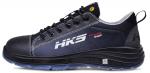 Preview: The shoe is a sporty, black half-shoe with gray and blue accents. It has a grippy, black sole and a reinforced toe cap for stability. The logo 