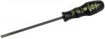 Preview: The image shows a screwdriver with a long, slender metal shaft and a black, non-slip handle. The handle has yellow markings and is ergonomically shaped.