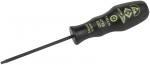 Preview: The image shows a screwdriver with a black, ergonomic handle. The handle has green lettering and a rounded shape. The blade is long and thin, ideal for precise work.