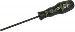 Preview: The image shows a screwdriver with a long, slender, black handle and a metal tip. There are green letterings and symbols on the handle.