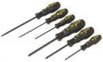 Preview: The image shows six screwdrivers in a row. They have black handles with yellow lettering and vary in length. The blades are made of metal and are pointed.