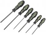 Preview: The image displays a series of screwdrivers in various sizes. They have black handles with yellow markings for identification. The blades are metallic and pointed.