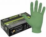 Preview: The image shows a green latex disposable glove, half lying on a black package. The packaging features yellow lettering and a hand symbol. It is hygienic and medical.