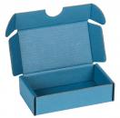 Preview: It is an empty, rectangular cardboard box in a rich blue tone. The box has a flap on top that is slightly open, and it is also blue inside. It has a simple, functional shape.